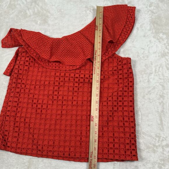 J Crew Top Red Eyelet Blouse Ruffle Lined Off the Shoulder Women's Size 4 - Picture 10 of 10